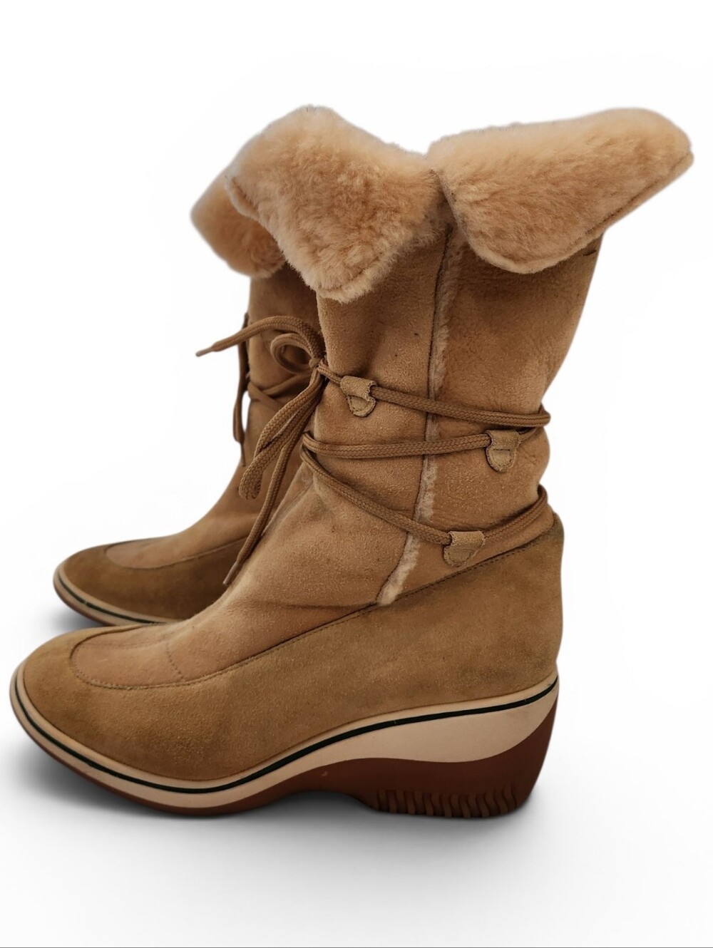 Via Spiga Tan Suede Shearling-Trim Wedge Rain Boots